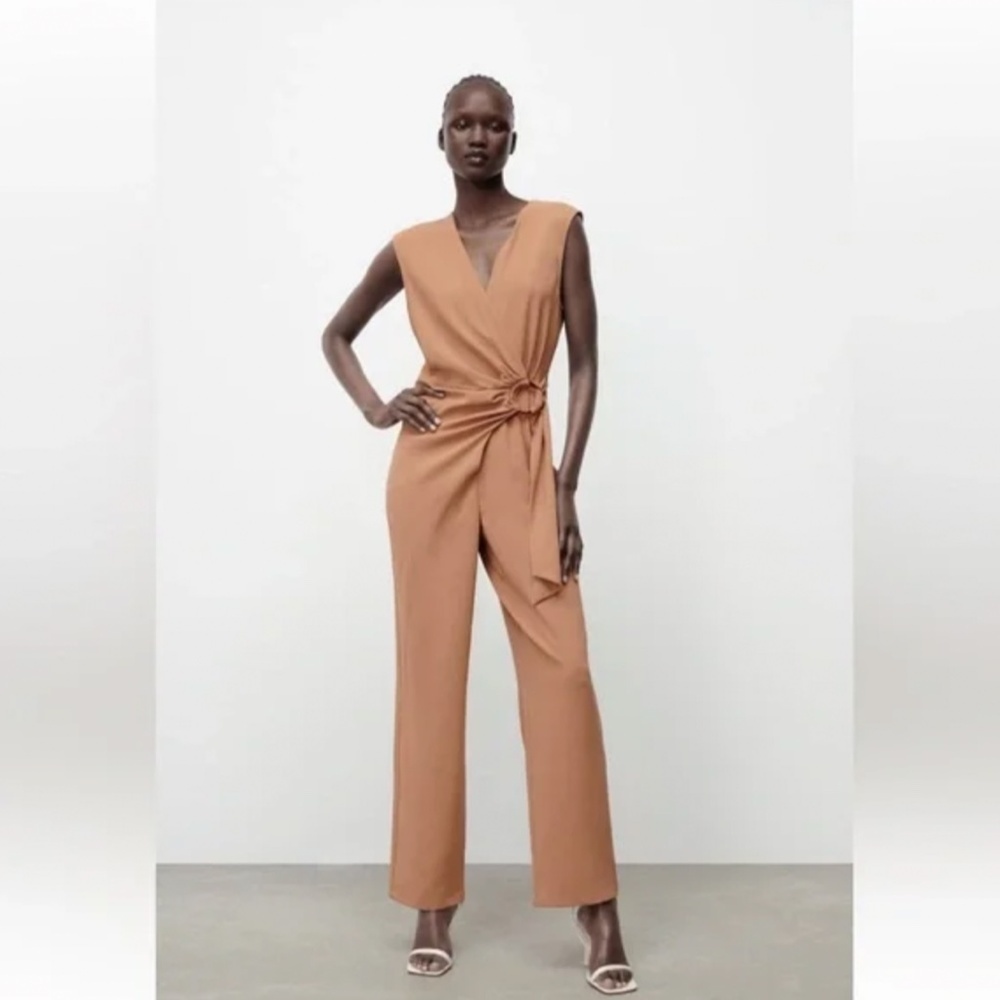 Zara Camel Sleeveless Jumpsuit with Knot Accent